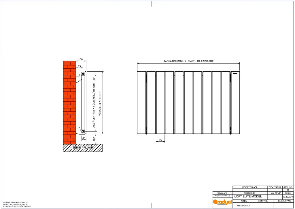 Loft Elite Alüminyum Radyatör Teknik Çizim