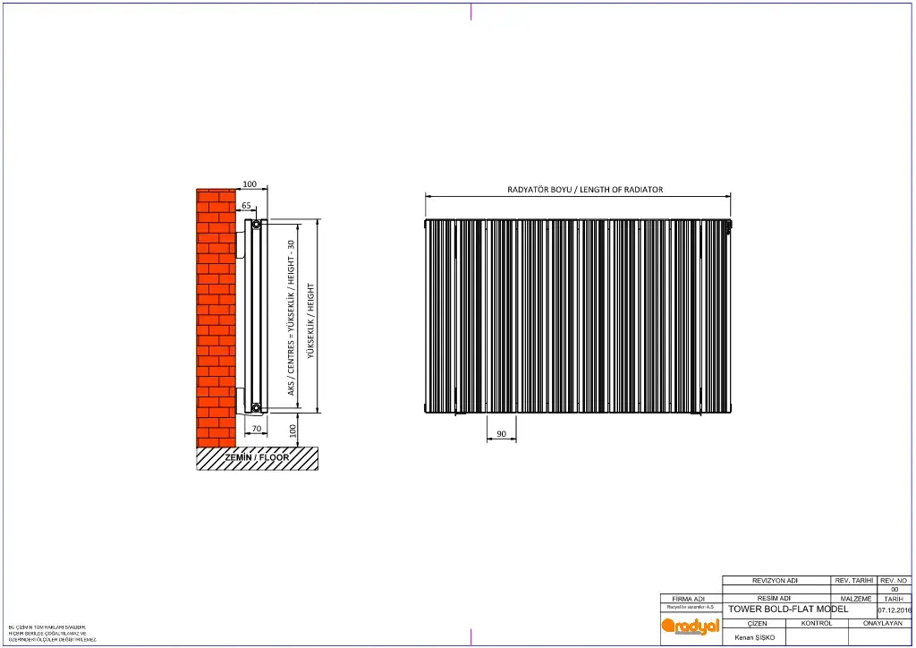 Tower Bold Alüminyum Radyatör Teknik Çizim