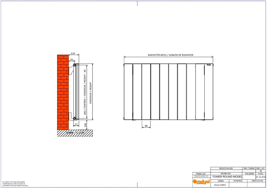 Tower Round Alüminyum Radyatör Teknik Çizim